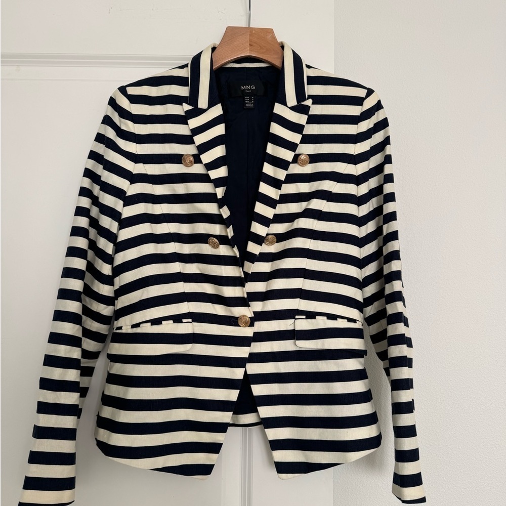 Mango MNG white & navy striped women's gold-tone button blazer jacket size small